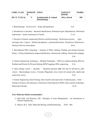 30
CODE CLASS SEMESTE
R
TITLE CONTACT
HOURS
MARKS
ZP: 12 T.Y.B. Sc. V Fundamentals of Animal
Biotechnology
60 i.e. 4/week 100
1. Biotechnology : An Overview – Scope and Importance 2 ch
2. Introduction to microbes – Bacterial identification, Nutritional types; Reproduction, Nutritional
requirement – media, maintenance of media 11 ch
3. Enzymes in Genetic engineering (Nucleic acid Enzymology) Restriction enzymes - types
and target sites; Ligases, Alkaline phosphatase, polynuceotide kinase, Transferase, Polymerases,
Nuclease, Reverse transcriptase 10 ch
4. Recombinant DNA technology - Isolation of DNA, labeling, Probing and cloning Genomic
library - Colony hybridization, plaque hybridization, chromosome walking, chromosome jumping.
8 ch
5. Genetic Engineering Techniques – Blotting Techniques – DNA by southern blotting, RNA by
Northern and Protein by Western blotting; RFLP mapping, DNA sequencing. 8 ch
6. Gene cloning vectors - plasmids - Bacterial plasmids pBR 322 and its derivatives, pUC
vectors; Bacteriophage vectors, Cosmids, Phagemids, virus vectors for animal cells, shuttle and
expression vectors. 9 ch
7. Genetic Engineering: Gene Cloning, Gene transfer and expressions of induced genes, - Gene –
cloning in bacteria and eukaryotes, Polymerase Chain Reaction (PCR), Gene transfer technology,
human gene therapy. 12 ch
Text / Reference Books recommended :
1) Old, R.W. and Primrose, S.B. Principles of Gene Manipulation: An introduction to
Genetic Engineering.
2) Meyers, R.A. (Edt) Molecular Biology and Biotechnology VCH Pub.
 