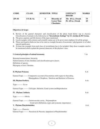 4
CODE CLASS SEMESTER TITLE CONTACT
HOURS
MARKS
ZP: 01 F.Y.B. Sc. I Diversity of
Lower Non-
Chordates
Th: 45 i.e. 3/week
Pr: 45 i.e. 3/week
75
25
Objectives & Scope:
1. Review of the general characters and classification of the phyla listed below (up to classes).
Classification of animals to be followed as in “Invertebrate Zoology” by E L Jordan & PS Verma.
2. The gross anatomy and life history of the types mentioned.
3. Local examples with common and scientific names are to be given more emphasis for all the groups.
4. Those not found in India too has to be cited as example because of taxonomic / phylogenetic or of other
special significance.
5. At least one example from each class of invertebrates has to be included. Only those examples need to
be mentioned which explain the general characters of the phylum / class.
I .General principles of animal taxonomy. 7 ch
Binomial nomenclature; hierarchy
Salient features of non-chordates and classification up to classes
Definition of species.
Phylogeny of non- Chordata
II. Phylum Protozoa 8 ch
General Topic ------- Comparative account of locomotion with respect to-Sarcodina,
Mastigophora, Ciliophora; Nutrition and Skeleton in Protozoa.
III. Phylum Porifera 8 ch
Type---------- Sycon
General Topic ------- Cell types, Skeleton, Canal system and Reproduction
IV. Phylum Cnidaria 8 ch
Type ------------ Obelia
General Topic ------- Gastrovascular cavity, Polymorphism
Coral reefs (Definition, types and economic importance).
V. Phylum Platyhelminthes 6 ch
Type -------- Planaria.
General Topic--------- Parasitism & Parasitic adaptation in Platyhelminthes
 