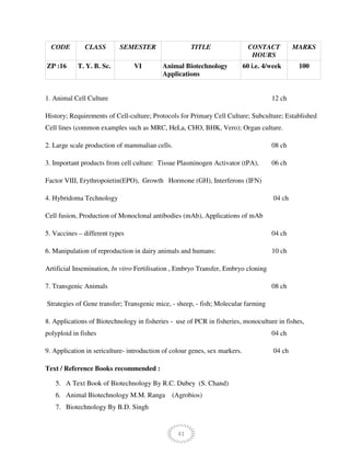 41
CODE CLASS SEMESTER TITLE CONTACT
HOURS
MARKS
ZP :16 T. Y. B. Sc. VI Animal Biotechnology
Applications
60 i.e. 4/week 100
1. Animal Cell Culture 12 ch
History; Requirements of Cell-culture; Protocols for Primary Cell Culture; Subculture; Established
Cell lines (common examples such as MRC, HeLa, CHO, BHK, Vero); Organ culture.
2. Large scale production of mammalian cells. 08 ch
3. Important products from cell culture: Tissue Plasminogen Activator (tPA), 06 ch
Factor VIII, Erythropoietin(EPO), Growth Hormone (GH), Interferons (IFN)
4. Hybridoma Technology 04 ch
Cell fusion, Production of Monoclonal antibodies (mAb), Applications of mAb
5. Vaccines – different types 04 ch
6. Manipulation of reproduction in dairy animals and humans: 10 ch
Artificial Insemination, In vitro Fertilisation , Embryo Transfer, Embryo cloning
7. Transgenic Animals 08 ch
Strategies of Gene transfer; Transgenic mice, - sheep, - fish; Molecular farming
8. Applications of Biotechnology in fisheries - use of PCR in fisheries, monoculture in fishes,
polyploid in fishes 04 ch
9. Application in sericulture- introduction of colour genes, sex markers. 04 ch
Text / Reference Books recommended :
5. A Text Book of Biotechnology By R.C. Dubey (S. Chand)
6. Animal Biotechnology M.M. Ranga (Agrobios)
7. Biotechnology By B.D. Singh
 