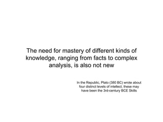 The need for mastery of different kinds of
knowledge, ranging from facts to complex
analysis, is also not new
In the Republic, Plato (380 BC) wrote about
four distinct levels of intellect, these may
have been the 3rd-century BCE Skills
 