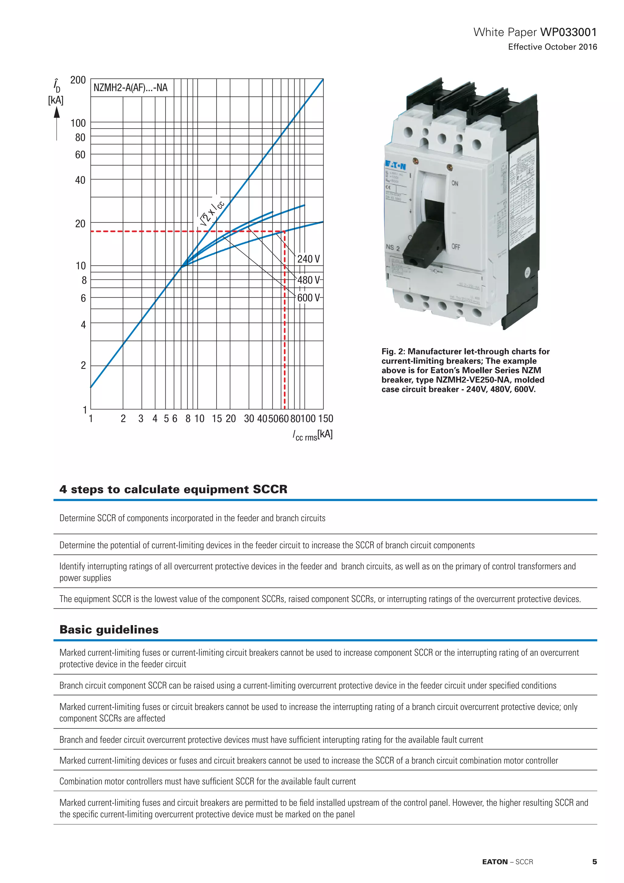 White Paper WP033001
Effective October 2016
2
6
4
20
10
8
100
60
200
40
80
1
65 108 15 2041 32 100 15030
2xIcc
[kA]
D
Î
5040 8060
NZMH2-A(AF)...-NA
480 V
600 V
240 V
[kA]Icc rms
Fig. 2: Manufacturer let-through charts for
current-limiting breakers; The example
above is for Eaton’s Moeller Series NZM
breaker, type NZMH2-VE250-NA, molded
case circuit breaker - 240V, 480V, 600V.
Basic guidelines
Marked current-limiting fuses or current-limiting circuit breakers cannot be used to increase component SCCR or the interrupting rating of an overcurrent
protective device in the feeder circuit
Branch circuit component SCCR can be raised using a current-limiting overcurrent protective device in the feeder circuit under specified conditions
Marked current-limiting fuses or circuit breakers cannot be used to increase the interrupting rating of a branch circuit overcurrent protective device; only
component SCCRs are affected
Branch and feeder circuit overcurrent protective devices must have sufficient interupting rating for the available fault current
Marked current-limiting devices or fuses and circuit breakers cannot be used to increase the SCCR of a branch circuit combination motor controller
Combination motor controllers must have sufficient SCCR for the available fault current
Marked current-limiting fuses and circuit breakers are permitted to be field installed upstream of the control panel. However, the higher resulting SCCR and
the specific current-limiting overcurrent protective device must be marked on the panel
4 steps to calculate equipment SCCR
Determine SCCR of components incorporated in the feeder and branch circuits
Determine the potential of current-limiting devices in the feeder circuit to increase the SCCR of branch circuit components
Identify interrupting ratings of all overcurrent protective devices in the feeder and branch circuits, as well as on the primary of control transformers and
power supplies
The equipment SCCR is the lowest value of the component SCCRs, raised component SCCRs, or interrupting ratings of the overcurrent protective devices.
5EATON – SCCR
 