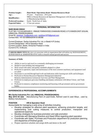 Position Sought : Plant Head / Operations Head / Human Resources Head
Age : 39 years Experience : 20.0 years
Qualification :
MBA in Human Resources & Operation Management with 20 years of experience
in Manufacturing Industry
Preferred Location : North / North East of India
Expected Salary : 12 lacs per annum
__________________________________________________________
PERSONAL INFORMATION
NARI BHAN SINGH
FLAT NO-112,GULMOHAR-C, OMAXE PARKWOOD,CHAKKAN ROAD,V.P.O-BADDI,DIST-SOLAN,
HIMACHAL PRADESH(INDIA)
Email ID: naribhan_hrd@yahoo.com; naribhan1975@gmail.com
Contact Nos: +91-9318968426/9418196398
Current Employer: Sarika Industries Pvt. Ltd.,in Baddi H.P.(India)
Current Designation: HR & Operation Head
Current Location: Baddi, Himachal Pradesh in India
Current CTC: 9.00Lacs
CAREER OBJECTIVE:My aim is to associate with an organization that will utilize my MANAGEMENT,
SUPERVISION & ADMINISTRATIVE skills to benefit mutual growth and success.
Summary of Skills
 Ability to survive and excel in a constantly challenging environment
 Skilled in team building and management
 Well versed with safety and quality standards adopted in a plant
 Proficient in operation, repair and maintenance of the most common machinery and equipment used
in a plant
 Passionate to succeed through hard work and dedication while learning new skills and techniques
 Proficient in Human Resources/Operation Management,Industrial
Relation,Adminstration,Commercial Activities and Plant Management
 Proficient in employees grievance handling and dispute settlements with labour Unions and Trade
Unions.
 Proficient in statutory compliances monitoring and liasoning with government and no-government
bodies
EXPERIENCES & PROFESSIONAL ACCOMPLISHMENTS
M/s Sarika Industries Pvt. Ltd, HIMACHAL PRADESH(INDIA)
May 2010 till date :Manufacturing Plant of Lead-Oxide, Refined Lead & Lead Alloys , used by
Battery manufacturers.
POSITION :HR & Operation Head
Accountable for managing a wide array of activities including
 Develop strategies for effective plant operations, achieving production targets, and
implementing cost cutting measures to control production, manpower and
operational expenses
 Develop strategies for business promotion and sale promotion
 Coordinate with Managing Directors and Head Office regarding plant operation
 Coordinate with Sales, Purchase and Production department for production planning
and dispatches of finished goods
 Prepare operation schedule and assign shifts and duties to the staff
 