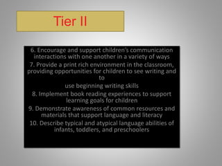 Tier II
6. Encourage and support children’s communication
interactions with one another in a variety of ways
7. Provide a print rich environment in the classroom,
providing opportunities for children to see writing and
to
use beginning writing skills
8. Implement book reading experiences to support
learning goals for children
9. Demonstrate awareness of common resources and
materials that support language and literacy
10. Describe typical and atypical language abilities of
infants, toddlers, and preschoolers
 
