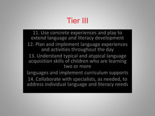 Tier III
11. Use concrete experiences and play to
extend language and literacy development
12. Plan and implement language experiences
and activities throughout the day
13. Understand typical and atypical language
acquisition skills of children who are learning
two or more
languages and implement curriculum supports
14. Collaborate with specialists, as needed, to
address individual language and literacy needs
 