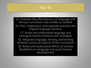 Tier IV
15. Evaluate the effectiveness of language and
literacy curriculum and modify as needed
16. Plan, implement, and evaluate activities for
English language learners
17. Know and understand language and
emergent literacy theories and strategies
18. Integrate language, literacy, and writing
activities across all aspects of the curriculum
19. Know and understand effects of various
disabilities on language and early literacy
development
 