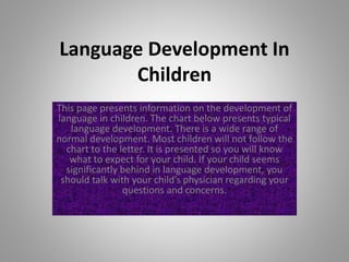 Language Development In
Children
This page presents information on the development of
language in children. The chart below presents typical
language development. There is a wide range of
normal development. Most children will not follow the
chart to the letter. It is presented so you will know
what to expect for your child. If your child seems
significantly behind in language development, you
should talk with your child’s physician regarding your
questions and concerns.
 