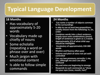 Typical Language Development
18 Months
• Has vocabulary of
approximately 5-20
words
• Vocabulary made up
chiefly of nouns
• Some echolalia
(repeating a word or
phrase over and over)
• Much jargon with
emotional content
• Is able to follow simple
commands
24 Months
• Can name a number of objects common
to his surroundings
• Is able to use at least two prepositions,
usually chosen from the following: in, on,
under
• Combines words into a short sentence-
largely noun-verb combinations (mean)
length of sentences is given as 1.2 words
• Approximately 2/3 of what child says
should be intelligible
• Vocabulary of approximately 150-300
words
• Rhythm and fluency often poor
• Volume and pitch of voice not yet well-
controlled
• Can use two pronouns correctly: I, me,
you, although me and I are often
confused
• My and mine are beginning to emerge
• Responds to such commands as “show
me your eyes (nose, mouth, hair)”
 