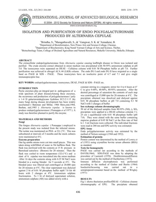 I.J.A.B.R., VOL. 2(3) 2012: 436-440 ISSN 2250 - 3579
436
ISOLATION AND PURIFICATION OF ENDO POLYGALACTURONASE
PRODUCED BY ALTERNARIA CEPULAE
a
Brindha, S., b
Maragathavalli, S., & c
Gangwar, S. K. & c
Annadurai, B.
a
Department of Bioinformatics, New Prince Arts and Science College, Chennai,
b
Department of Biochemistry, King Nandi Varman College of Arts and Science, Thellar,
c
Biotechnology Team, College of Dryland Agriculture and Natural Resources, Mekelle University, Mekelle, Ethiopia.
ABSTRACT
The extracellular endopolygalacturonase from Alternaria cepulae causing leafblight disease in Onion was isolated and
purified. The crude enzyme extract obtained in onion medium was precipitated with 50-95% ammonium sulphate at pH
5.0. The isoenzymes were separated on DEAE - Cellulose column with 0.01 M Phosphate buffer at pH 7.0. Further
purification was achieved in ultrogel ACA 44 (LKB) column. The endo PG I and endo PG II have migrated as a single
band on PAGE & SDS - PAGE. These isoenzymes have an isoelectric point of 6.7 and 7.1 and give single
immunopreciptin line.
KEY WORDS: endopolygalacturonase, isoenzymes, DEAE, PAGE & SDS - PAGE etc.
INTRODUCTION
Pectic enzymes play an integral part in pathogenesis of a
wide spectrum of plant diseasesAmong these enzymes,
the occurrence and production of polygalacturonase ( poly
x 1-4 D galacturonideglycano hydolase EC3.2.1.15 )by
many fungi during disease development has been widely
ascertained ( Bateman and Millar, 1966 Shiro,etal,1984,
Bashan, etal,1985 ). Alternaria cepulae is known to
produce endopolygalacturonase ( Ponnappa et al 1977 ). A
study was therefore planned to purify the enzyme.
MATERIALS AND METHODS
Fungi
The fungus Alternaria cepulae ( Ponnappa ) employed in
the present study was isolated from the infected onions.
The isolate was maintained on PDA at 32 2C. This was
subcultured at intervals of 3 months and the stock cultures
were maintained at 4C.
Enzyme preparation
One kg samba onions were cut into small pieces. This was
taken along with500ml of water in 5lit haffkins flask. The
flask was sterilized with the contents at 15 lb pressure in
Barnslead autoclave (Boston) for 20 minutes. Then the
flask was cooled to room temperature (321C) and a
slant of A. cepulae was inoculated into the onion medium
.After 16 days the contents along with 0.25 M NaCl were
blended in a waring blender for 5 seconds at 4C. The
blended juice was filtered and centrifuged at 20.000 rpm
for 20 minutes at 4C. The clear supernatant was dialysed
against 2 lit of 0.01 M phosphate buffer atpH 7.0 for 48
hours with 2 changes at 4o
C. Ammonium sulphate
fractionation. To 1 lit of dialysed supernatant solution,
ammonium sulphate (AR) was added slowly with a
constant stirring in a magnetic stirrer for 4 to 6 hours at 4
C to give 0-40%, 40-80%, 80-95% saturation. After the
desired percentage of saturation the contents of each step
was centrifuged at 15,000 rpm for 20 minutes at 4C. The
precipitate obtained was dissolved and dialysed against
0.01 M phosphate buffers at pH 7.0 containing 0.1 M
NaCl with 3 changes of buffer.
Ion exchange column chromatography
50 ml of the dialysed samples from 80-95% (NH4 )2 SO4
precipitate were applied to a DEAE cellulose column( 3 x
25 cm ) equilibrated with 0.01 M phosphate buffer (pH
7.0). They were eluted with the same buffer containing
stepwise gradient of 0.05 M NaC1 at the flow rate of 9ml
h-1. 3 ml fractions were collected. The individual fractions
were read at 280 nm and EPG activity was estimated.
EPG Assay
Endo polygalacturonase activity was estimated by the
method of Nelson somogyi (1944 and 1952).
Estimation of protein
Protein content was determined by the method of Lowry et
al (1951) using crystalline bovine serum albumin (BSA)
as standard.
Tests for homogeneity
PAGE was carried out according to the methods of
DAVIS(1964). SDS-PAGE was done by adopting the
procedure of Laemmli (1970). Doubleimmunodiffusion
was carried out by the method of Ouchterlony (1973).
Immuno diffusion electrophoresis was performed
according to the method of Graber and Burtin (1964)
Isoelectricfocussing was carried out in a
semipreparativemanner based on the method of Wrigley
(1971)
RESULTS
Fig 1: shows theelution profileofDEAE - Cellulose cloumn
chromatography of EPG. The precipitate obtained
 