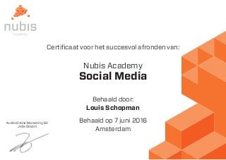 Nubis Online Marketing BV
Jelle Oskam
Certificaat voor het succesvol afronden van:
Nubis Academy
Behaald door:
Behaald op 7 juni 2016
Amsterdam
Louis Schopman
Social Media
 