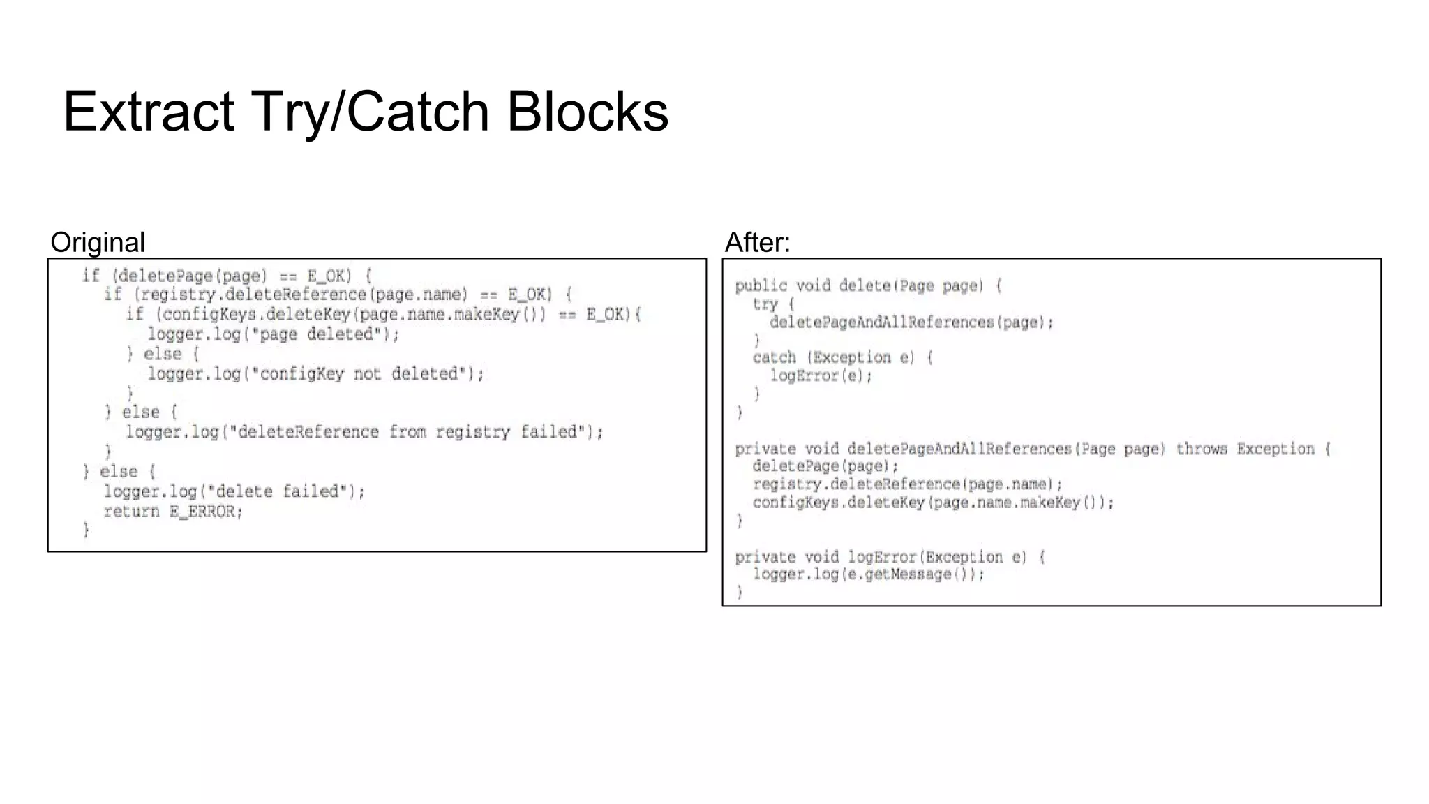 Extract Try/Catch Blocks
Original After:
 