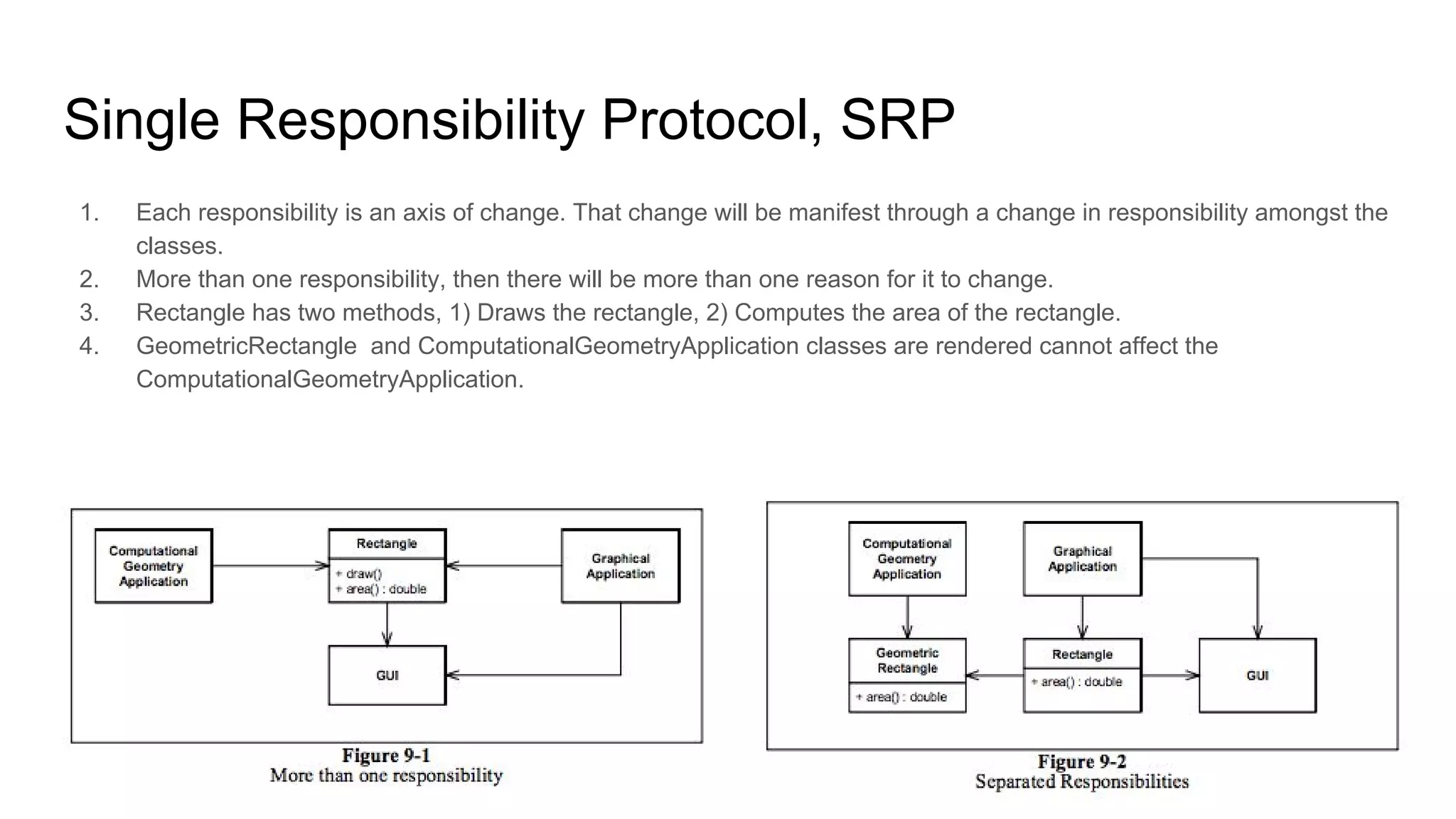 Single Responsibility Protocol, SRP
1. Each responsibility is an axis of change. That change will be manifest through a change in responsibility amongst the
classes.
2. More than one responsibility, then there will be more than one reason for it to change.
3. Rectangle has two methods, 1) Draws the rectangle, 2) Computes the area of the rectangle.
4. GeometricRectangle and ComputationalGeometryApplication classes are rendered cannot affect the
ComputationalGeometryApplication.
 
