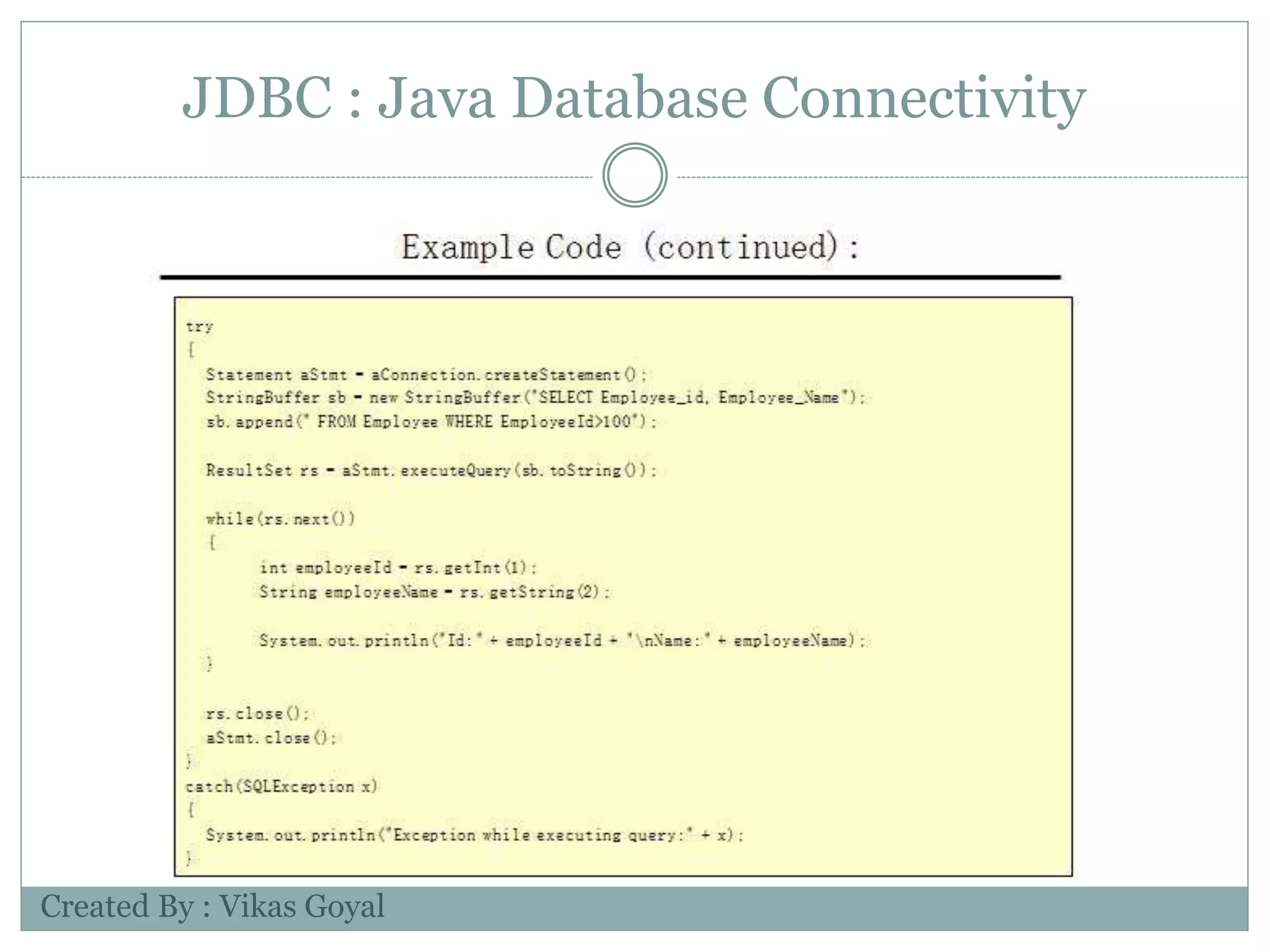 JDBC : Java Database Connectivity
Created By : Vikas Goyal
 