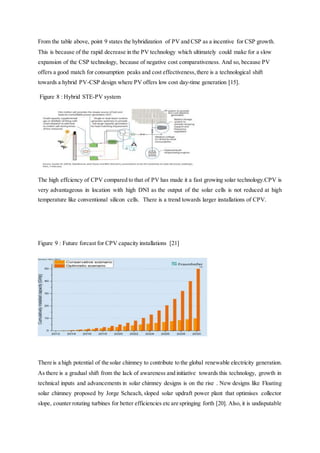 From the table above, point 9 states the hybridization of PV and CSP as a incentive for CSP growth.
This is because of the rapid decrease in the PV technology which ultimately could make for a slow
expansion of the CSP technology, because of negative cost comparativeness. And so, because PV
offers a good match for consumption peaks and cost effectiveness,there is a technological shift
towards a hybrid PV-CSP design where PV offers low cost day-time generation [15].
Figure 8 : Hybrid STE-PV system
The high effciency of CPV compared to that of PV has made it a fast growing solar technology.CPV is
very advantageous in location with high DNI as the output of the solar cells is not reduced at high
temperature like conventional silicon cells. There is a trend towards larger installations of CPV.
Figure 9 : Future forcast for CPV capacity installations [21]
There is a high potential of the solar chimney to contribute to the global renewable electricity generation.
As there is a gradual shift from the lack of awareness and initiative towards this technology, growth in
technical inputs and advancements in solar chimney designs is on the rise . New designs like Floating
solar chimney proposed by Jorge Scheach, sloped solar updraft power plant that optimises collector
slope, counter rotating turbines for better efficiencies etc are springing forth [20]. Also, it is undisputable
 