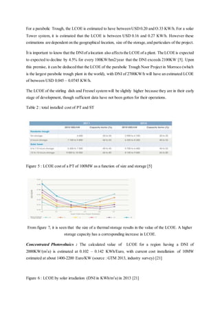 For a parabolic Trough, the LCOE is estimated to have between USD 0.20 and O.33 KW/h. For a solar
Tower system, it is estimated that the LCOE is between USD 0.16 and 0.27 KW/h. However these
estimations are dependent on the geographical location, size of the storage,and particulars of the project.
İt is important to know that the DNIof a location also affectsthe LCOEof a plant. The LCOEis expected
to expected to decline by 4.5% for every 100KW/hm2/year that the DNI exceeds 2100KW [5]. Upon
this premise, it can be deduced that the LCOE of the parabolic Trough Noor Project in Morroco (which
is the largest parabolic trough plant in the world), with DNI of 2700KW/h will have an estimated LCOE
of between USD 0.045 – 0.0745 KW/h.
The LCOE of the stirling dish and Fresnel system will be slightly higher because they are in their early
stage of development, though sufficient data have not been gotten for their operations.
Table 2 : total installed cost of PT and ST
Figure 5 : LCOE cost of a PT of 100MW as a function of size and storage [5]
From figure 7, it is seen that the size of a thermal storage results in the value of the LCOE. A higher
storage capacity has a corresponding increase in LCOE.
Concentrated Photovoltaics : The calculated value of LCOE for a region having a DNI of
2000KW/(m2
a) is estimated at 0.102 – 0.142 KWh/Euro, with current cost installation of 10MW
estimated at about 1400-2200 Euro/KW (source : GTM 2013, industry survey) [21]
Figure 6 : LCOE by solar irradiation (DNI in KWh/m2
a) in 2013 [21]
 