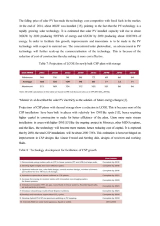 The falling price of solar PV has made the technology cost-competitive with fossil fuels in the market.
At the end of 2014, about 40GW was installed [15], pointing to the fact that the PV technology is a
rapidly growing solar technology. İt is estimated that solar PV installed capacity will rise to about
302GW by 2030 producing 505TWh of energy and 632GW by 2050 producing about 1036TWh of
energy. İn order to facilitate this growth, improvements and innovations is to be made in the PV
technology with respect to material use. The concentrated solar photovoltaic, an advancement in PV
technology will further scale-up the commercialisation of the technology. This is because of the
reduction of cost of construction thereby making it more cost effective.
Table 7: Projections of LCOE for newly built CSP plant with storage
‘Munner et. al described the solar PV electricty as the solution of future energy changes [3].
Projections of CSP plants with thermal storage show a reduction in LCOE. This is because most of the
CSP installations have been built in places with relatively low DNI like spain [15], hence requiring
higher capital in construction to make for better efficiency of the plant. Upon more main stream
installations in areas with higher DNI [15] like the ongoing project in Morocco, other MENA regions,
and the likes, the technology will become more mature, hence reducing cost of capital. İt is expected
that by 2050, the total CSP installations will be about 2500 TWh. This estimation is however hinged on
improvement in CSP designs like Linear Fresnel and Sterling dish, designs of receivers and working
fluids.
Table 8 : Technology development for facilitation of CSP growth
 