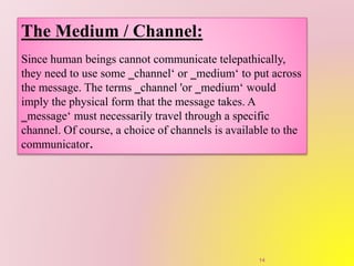 The Medium / Channel:
Since human beings cannot communicate telepathically,
they need to use some ‗channel‘ or ‗medium‘ to put across
the message. The terms ‗channel 'or ‗medium‘ would
imply the physical form that the message takes. A
‗message‘ must necessarily travel through a specific
channel. Of course, a choice of channels is available to the
communicator.
14
 