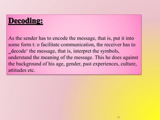 As the sender has to encode the message, that is, put it into
some form t: o facilitate communication, the receiver has to
‗decode‘ the message, that is, interpret the symbols,
understand the meaning of the message. This he does against
the background of his age, gender, past experiences, culture,
attitudes etc.
15
 