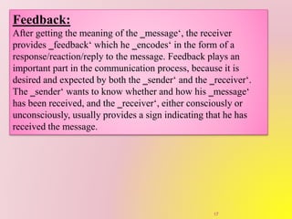 Feedback:
After getting the meaning of the ‗message‘, the receiver
provides ‗feedback‘ which he ‗encodes‘ in the form of a
response/reaction/reply to the message. Feedback plays an
important part in the communication process, because it is
desired and expected by both the ‗sender‘ and the ‗receiver‘.
The ‗sender‘ wants to know whether and how his ‗message‘
has been received, and the ‗receiver‘, either consciously or
unconsciously, usually provides a sign indicating that he has
received the message.
17
 