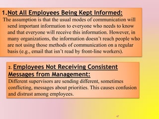 1.Not All Employees Being Kept Informed:
The assumption is that the usual modes of communication will
send important information to everyone who needs to know
and that everyone will receive this information. However, in
many organizations, the information doesn’t reach people who
are not using those methods of communication on a regular
basis (e.g., email that isn’t read by front-line workers).
2. Employees Not Receiving Consistent
Messages from Management:
Different supervisors are sending different, sometimes
conflicting, messages about priorities. This causes confusion
and distrust among employees.
47
 
