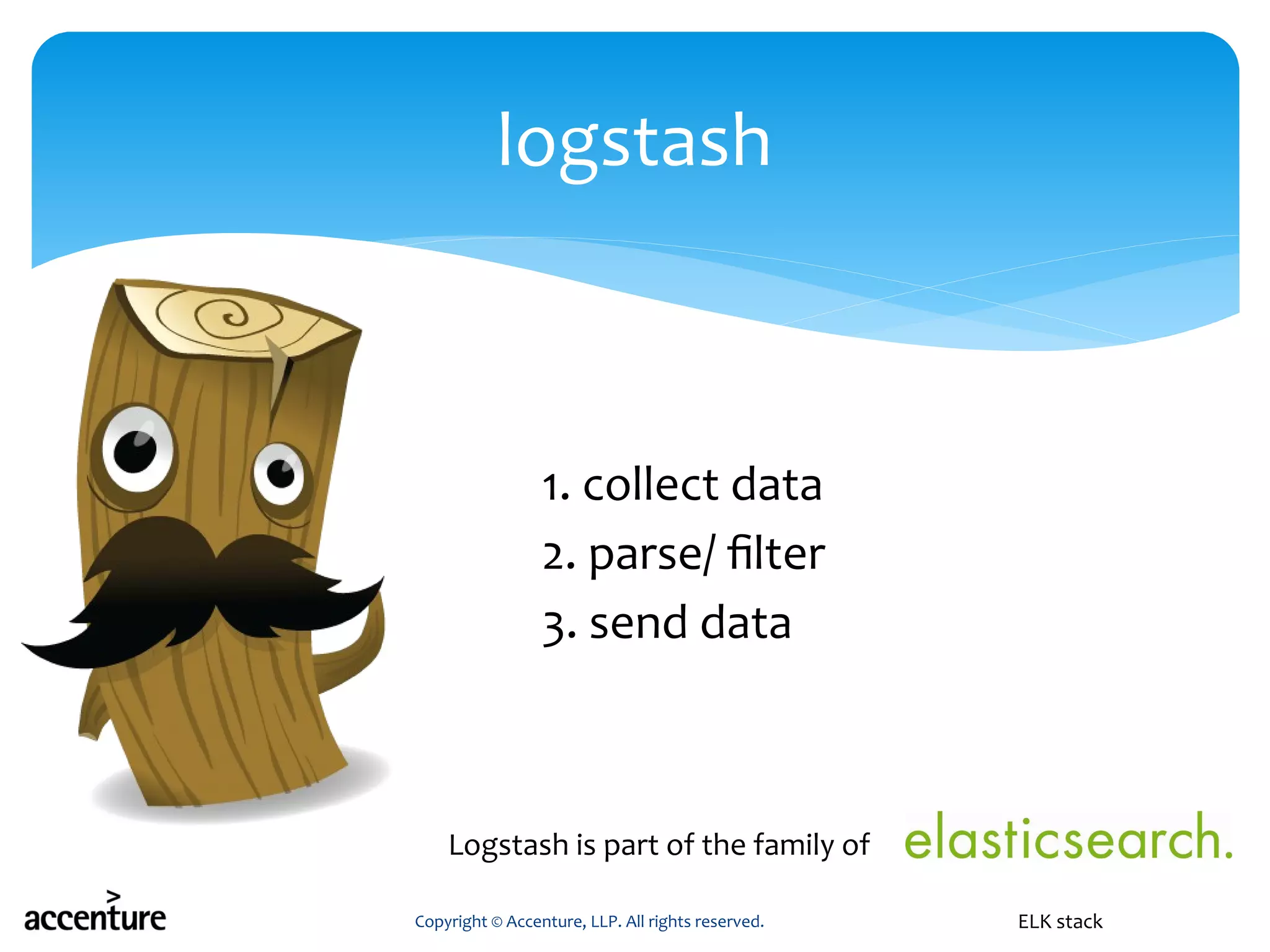 1. collect data
2. parse/ filter
3. send data
Copyright © Accenture, LLP. All rights reserved.
logstash
ELK stack
Logstash is part of the family of
 