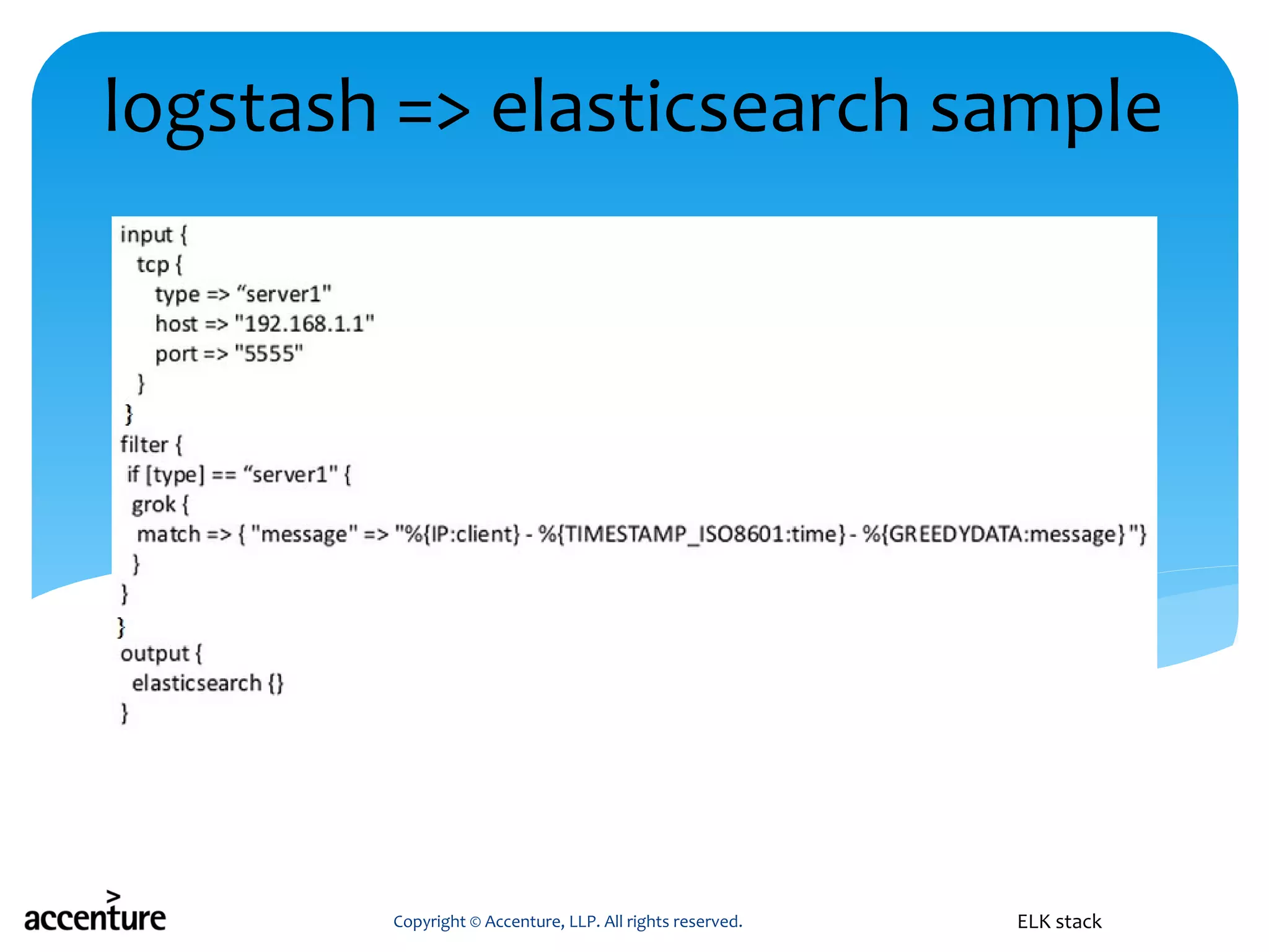Copyright © Accenture, LLP. All rights reserved. ELK stack
logstash => elasticsearch sample
 