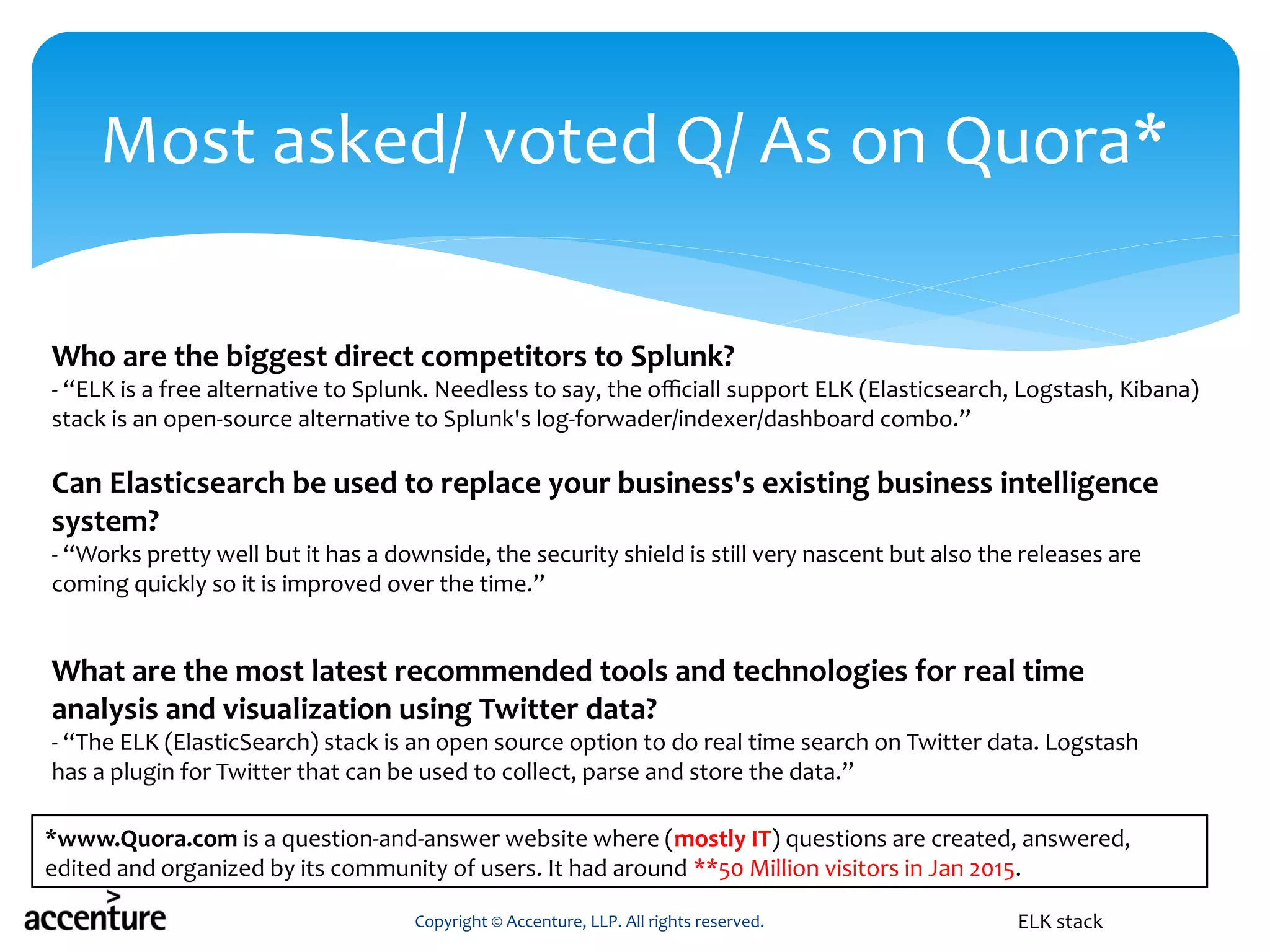 Copyright © Accenture, LLP. All rights reserved.
Most asked/ voted Q/ As on Quora*
ELK stack
*www.Quora.com is a question-and-answer website where (mostly IT) questions are created, answered,
edited and organized by its community of users. It had around **50 Million visitors in Jan 2015.
Who are the biggest direct competitors to Splunk?
- “ELK is a free alternative to Splunk. Needless to say, the officiall support ELK (Elasticsearch, Logstash, Kibana)
stack is an open-source alternative to Splunk's log-forwader/indexer/dashboard combo.”
Can Elasticsearch be used to replace your business's existing business intelligence
system?
- “Works pretty well but it has a downside, the security shield is still very nascent but also the releases are
coming quickly so it is improved over the time.”
What are the most latest recommended tools and technologies for real time
analysis and visualization using Twitter data?
- “The ELK (ElasticSearch) stack is an open source option to do real time search on Twitter data. Logstash
has a plugin for Twitter that can be used to collect, parse and store the data.”
 