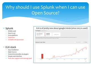  Splunk
 Widely used
 Easy to use
 Cross platform
 Expensive
 Complex set up process
 ELK stack
 Easy installation
 Open Source
 Extend functionality via plugins
 Simple web interface
 Prod, dev support and trainings paid
Why should I use Splunk when I can use
Open Source?
ELK is of pretty new about google trends (since 2013 is used)
 