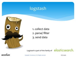 1. collect data
2. parse/ filter
3. send data
Copyright © Accenture, LLP. All rights reserved.
logstash
ELK stack
Logstash is part of the family of
 