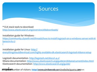 Copyright © Accenture, LLP. All rights reserved.
Sources
ELK stack
* ELK stack tools to download-
http://www.elasticsearch.org/overview/elkdownloads/
Installation guide for Windows -
https://community.ulyaoth.net/threads/how-to-install-logstash-on-a-windows-server-with-ki
bana-in-iis.17
/
Installation guide for Linux- http://
everythingshouldbevirtual.com/highly-available-elk-elasticsearch-logstash-kibana-setup
Logstash documentation- http://logstash.net/docs/1.4.2/
Kibana documentation- http://www.elasticsearch.org/guide/en/kibana/current/index.html
Elasticsearch documentation- http://www.elasticsearch.org/guide/
**Quora number of visitors- http://www.similarweb.com/website/quora.com
 