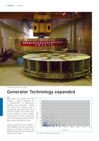 HYDRONEWS04 Top story
Having acquired VA TECH HYDRO in
2006, ANDRITZ was also interested in
gaining technological benefits and
additional market presence through the
takeover of GE Hydro.
GE Hydro in Canada has long
enjoyed a global reputation as
a manufacturer of hydropower
turbines and generators. During
the 1990s, the company had a
cooperation agreement with MCE
and Elin (former VA TECH com-
panies) relating to both turbines
and generators. These agreements
were terminated when Sulzer Escher
Wyss joined the Austrian firms.
Generator Technology expanded
Fig. 1 ANDRITZ HYDRO generator references
Three Gorges rotor after site assembly
Speed (rpm)
Rating(MVA)
 