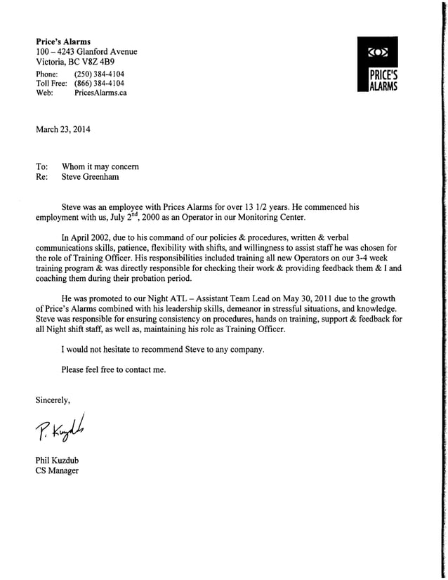 Prices Alarms Letter of Reference | PDF