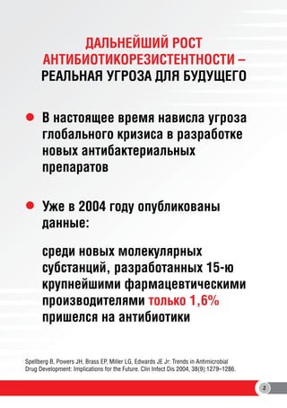 ДАЛЬНЕЙШИЙ РОСТ
АНТИБИОТИКОРЕЗИСТЕНТНОСТИ –
РЕАЛЬНАЯ УГРОЗА ДЛЯ БУДУЩЕГО
В настоящее время нависла угроза
глобального кризиса в разработке
новых антибактериальных
препаратов
Уже в 2004 году опубликованы
данные:
среди новых молекулярных
субстанций, разработанных 15-ю
крупнейшими фармацевтическими
производителями только 1,6%
пришелся на антибиотики
Spellberg B, Powers JH, Brass EP, Miller LG, Edwards JE Jr: Trends in Antimicrobial
Drug Development: Implications for the Future. Clin Infect Dis 2004, 38(9):1279–1286.
2

 