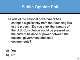 25 
The role of the national government has 
changed significantly from the Founding Era 
to the present. Do you think the framers of 
the U.S. Constitution would be pleased with 
the current balance of power between the 
national government and state 
governments? 
a) Yes 
b) No 
Public Opinion Poll 
 