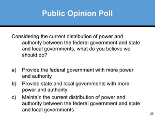 26 
Public Opinion Poll 
Considering the current distribution of power and 
authority between the federal government and state 
and local governments, what do you believe we 
should do? 
a) Provide the federal government with more power 
and authority 
b) Provide state and local governments with more 
power and authority 
c) Maintain the current distribution of power and 
authority between the federal government and state 
and local governments 
 