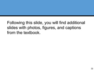 32 
Following this slide, you will find additional 
slides with photos, figures, and captions 
from the textbook. 
 