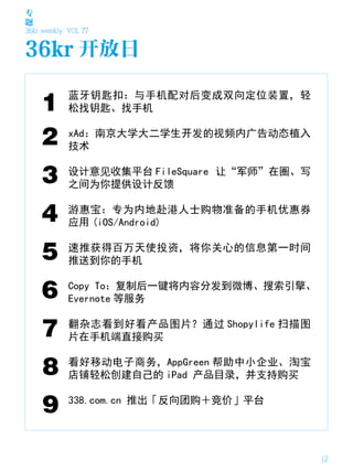 专
题
36kr weekly VOL 77


36kr 开放日

    1       蓝牙钥匙扣：与手机配对后变成双向定位装置，轻
            松找钥匙、找手机


    2       xAd：南京大学大二学生开发的视频内广告动态植入
            技术


    3       设计意见收集平台 FileSquare 让“军师”在圈、写
            之间为你提供设计反馈


    4       游惠宝：专为内地赴港人士购物准备的手机优惠券
            应用 (iOS/Android)


    5       速推获得百万天使投资，将你关心的信息第一时间
            推送到你的手机


    6       Copy To：复制后一键将内容分发到微博、搜索引擎、
            Evernote 等服务


    7       翻杂志看到好看产品图片？通过 Shopylife 扫描图
            片在手机端直接购买


    8       看好移动电子商务，AppGreen 帮助中小企业、淘宝
            店铺轻松创建自己的 iPad 产品目录，并支持购买


    9       338.com.cn 推出「反向团购＋竞价」平台




                                            12
 