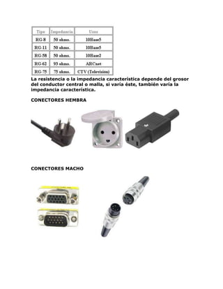 La resistencia o la impedancia característica depende del grosor
del conductor central o malla, si varía éste, también varía la
impedancia característica.
CONECTORES HEMBRA
CONECTORES MACHO
 