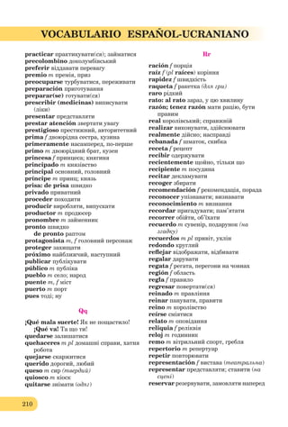 210
VOCABULARIO ESPAÑOL-UCRANIANO
practicar практикувати(ся); займатися
precolombino доколумбівський
preferir віддавати перевагу
premio m премія, приз
preocuparse турбуватися, переживати
preparación приготування
preparar(se) готувати(ся)
prescribir (medicinas) виписувати
(ліки)
presentar представляти
prestar atención звертати увагу
prestigioso престижний, авторитетний
prima f двоюрідна сестра, кузина
primeramente насамперед, по-перше
primo m двоюрідний брат, кузен
princesa f принцеса; княгиня
principado m князівство
principal основний, головний
príncipe m принц; князь
prisa: de prisa швидко
privado приватний
proceder походити
producir виробляти, випускати
productor m продюсер
pronombre m займенник
pronto швидко
de pronto раптом
protagonista m, f головний персонаж
proteger захищати
próximo найближчий, наступний
publicar публікувати
público m публіка
pueblo m село; народ
puente m, f міст
puerto m порт
pues тоді; ну
Qq
¡Qué mala suerte! Як не пощастило!
¡Qué va! Та що ти!
quedarse залишатися
quehaceres m pl домашні справи, хатня
робота
quejarse скаржитися
querido дорогий, любий
queso m сир (твердий)
quiosco m кіоск
quitarse знімати (одяг)
Rr
ración f порція
raíz f (pl raíces) коріння
rapidez f швидкість
raqueta f ракетка (для гри)
raro рідкий
rato: al rato зараз, у цю хвилину
razón; tenez razón мати рацію, бути
правим
real королівський; справжній
realizar виконувати, здійснювати
realmente дійсно; насправді
rebanada f шматок, скибка
receta f рецепт
recibir одержувати
recientemente щойно, тільки що
recipiente m посудина
recitar декламувати
recoger збирати
recomendación f рекомендація, порада
reconocer упізнавати; визнавати
reconocimiento m визнання
recordar пригадувати; пам’ятати
recorrer обійти, об’їхати
recuerdo m сувенір, подарунок (на
згадку)
recuerdos m pl привіт, уклін
redondo круглий
reﬂejar відображати, відбивати
regalar дарувати
regata f регата, перегони на човнах
región f область
regla f правило
regresar повертати(ся)
reinado m прaвління
reinar панувати, правити
reino m королівство
reírse сміятися
relato m оповідання
reliquia f реліквія
reloj m годинник
remo m вітрильний спорт, гребля
repertorio m репертуар
repetir повторювати
representación f вистава (театральна)
representar представляти; ставити (на
сцені)
reservar резервувати, замовляти наперед
 