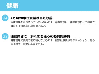 健康
2カ月20キロ減量は当たり前
体重管理をおろそかにしていないか？ 体重管理は、健康管理だけの問題で
はなく「自制心」の象徴である。
運動好きで、歩くのも座るのも真剣勝負
健康管理に真剣に取り組んでいるか？ 健康は意識やモチベーション、あら
ゆる思考・行動の基礎である。
24
25
 