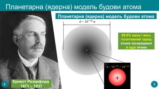 Планетарна (ядерна) модель будови атома
Ернест Резерфорд
1871 – 1937
Планетарна (ядерна) модель будови атома
99,9% маси і весь
позитивний заряд
атома зосереджені
в ядрі атома
+
 