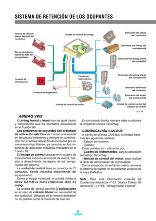 Sensor de colisión                                                                                   Detonador del airbag
                                                Unidad de control del airbag                              del conductor
lateral del lado del
conductor


                                                                                                Detonador del airbag del
                                                                                                          acompañante
Sensor de colisión
lateral del lado del
acompañante
                                                                                              Detonador del airbag lateral
                                                                                                           del conductor




                                                                                              Detonador del airbag lateral
                                                             Cuadro de
                                                                                                       del acompañante
Tensión de                                                   instrumentos
alimentación

                                                                                                    Detonador del tensor
                                                                                                          del conductor
                   Conector de diagnóstico
                                                                                                     Detonador del tensor
                                                                                                        del acompañante


                                        Unidad de control del motor                          Unidad de control central del
                                                                                                      sistema de confort

                                                                                                                D77-05

    AIRBAG VW5
  El airbag frontal y lateral son de igual diseño                 En un impacto frontal siempre debe sustituirse
y construcción que los montados actualmente                     la unidad de control del airbag.
en el Toledo ’99.
  Los cinturones de seguridad con pretensor                      COMUNICACIÓN CAN-BUS
de activación eléctrica se montan únicamente                      A través de la línea CAN-Bus, la unidad trans-
en las plazas delanteras y siempre en combina-                  mite las siguientes señales:
ción con el airbag lateral. Están formados por un                 - Estado del sistema.
mecanismo tipo Wankel, ya conocido en los cin-                    - Colisión.
turones de activación mecánica montados en el                     Estas señales son utilizadas por:
Toledo ’99.                                                       - Cuadro de instrumentos, para la activación
  El testigo de control ubicado en el cuadro de                 del testigo del airbag.
instrumentos indica la existencia de avería, coli-                - Unidad de control del motor, para realizar
sión o desactivación de alguno de los compo-                    el corte de alimentación de combustible.
nentes del sistema.                                               Como excepción, la señal de colisión enviada
  La unidad de control tiene un conector de 75                  al sistema de confort no se transmite a través de
contactos, siendo utilizados dependiendo del                    la línea CAN-Bus.
equipamiento.
  Como principal novedad, la unidad utiliza la                  Nota: Para más información consulte los
lín ea CA N -B us m o to pro pu ls or- tren de                  Cuadernos didácticos nº 63, “Nuevo Toledo ’99
rodaje.                                                         carrocería”, y nº 66, “Airbag frontal y lateral”.
  La unidad de control permite 3 activaciones
en el caso de colisión lateral sin necesidad de
ser sustituida. Después de la tercera activación
no es posible borrar la memoria de averías.



                                                            
 