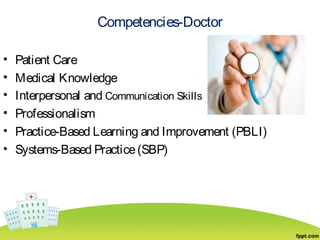 Competencies-Doctor
• Patient Care
• Medical Knowledge
• Interpersonal and Communication Skills
• Professionalism
• Practice-Based Learning and Improvement (PBLI)
• Systems-Based Practice(SBP)
 