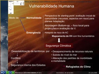 Climas de Mudança: Vulnerabilidade Humana às Alterações Climáticas no Concelho de Sintra
Mestrado em ECOLOGIAHUMANA e P. S. C. Ana Cristina L. M. de Carvalho 23 Junho 2009
Vulnerabilidade Humana
Modo de Normalidade
Emergência
Perspectiva de starting point: avaliação inicial da
comunidade (recursos, aspectos em risco) para
planear Adaptação;
Abordagem Bottom-up, – foco local para
projecções e avaliação da V.
Hotspots de risco de AC
Mapeamento da VH com fins humanitários
Segurança Climática
• Desaparecimento de recursos naturais
• Subida do nível do mar
• Alteração dos padrões de morbilidade
e mortalidade
Desestabilização de territórios por
Conflitos
Segurança interna dos Estados
+ Refugiados do Clima
 