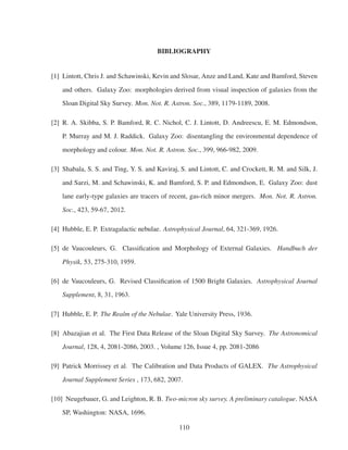 BIBLIOGRAPHY
[1] Lintott, Chris J. and Schawinski, Kevin and Slosar, Anze and Land, Kate and Bamford, Steven
and others. Galaxy Zoo: morphologies derived from visual inspection of galaxies from the
Sloan Digital Sky Survey. Mon. Not. R. Astron. Soc., 389, 1179-1189, 2008.
[2] R. A. Skibba, S. P. Bamford, R. C. Nichol, C. J. Lintott, D. Andreescu, E. M. Edmondson,
P. Murray and M. J. Raddick. Galaxy Zoo: disentangling the environmental dependence of
morphology and colour. Mon. Not. R. Astron. Soc., 399, 966-982, 2009.
[3] Shabala, S. S. and Ting, Y. S. and Kaviraj, S. and Lintott, C. and Crockett, R. M. and Silk, J.
and Sarzi, M. and Schawinski, K. and Bamford, S. P. and Edmondson, E. Galaxy Zoo: dust
lane early-type galaxies are tracers of recent, gas-rich minor mergers. Mon. Not. R. Astron.
Soc., 423, 59-67, 2012.
[4] Hubble, E. P. Extragalactic nebulae. Astrophysical Journal, 64, 321-369, 1926.
[5] de Vaucouleurs, G. Classiﬁcation and Morphology of External Galaxies. Handbuch der
Physik, 53, 275-310, 1959.
[6] de Vaucouleurs, G. Revised Classiﬁcation of 1500 Bright Galaxies. Astrophysical Journal
Supplement, 8, 31, 1963.
[7] Hubble, E. P. The Realm of the Nebulae. Yale University Press, 1936.
[8] Abazajian et al. The First Data Release of the Sloan Digital Sky Survey. The Astronomical
Journal, 128, 4, 2081-2086, 2003. , Volume 126, Issue 4, pp. 2081-2086
[9] Patrick Morrissey et al. The Calibration and Data Products of GALEX. The Astrophysical
Journal Supplement Series , 173, 682, 2007.
[10] Neugebauer, G. and Leighton, R. B. Two-micron sky survey. A preliminary catalogue. NASA
SP, Washington: NASA, 1696.
110
 