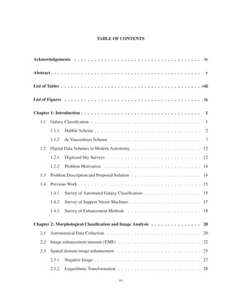 TABLE OF CONTENTS
Acknowledgements . . . . . . . . . . . . . . . . . . . . . . . . . . . . . . . . . . . . . . iv
Abstract . . . . . . . . . . . . . . . . . . . . . . . . . . . . . . . . . . . . . . . . . . . . . v
List of Tables . . . . . . . . . . . . . . . . . . . . . . . . . . . . . . . . . . . . . . . . . . viii
List of Figures . . . . . . . . . . . . . . . . . . . . . . . . . . . . . . . . . . . . . . . . . ix
Chapter 1: Introduction . . . . . . . . . . . . . . . . . . . . . . . . . . . . . . . . . . . . 1
1.1 Galaxy Classiﬁcation . . . . . . . . . . . . . . . . . . . . . . . . . . . . . . . . . 1
1.1.1 Hubble Scheme . . . . . . . . . . . . . . . . . . . . . . . . . . . . . . . . 2
1.1.2 de Vaucouleurs Scheme . . . . . . . . . . . . . . . . . . . . . . . . . . . 7
1.2 Digital Data Volumes in Modern Astronomy . . . . . . . . . . . . . . . . . . . . . 12
1.2.1 Digitized Sky Surveys . . . . . . . . . . . . . . . . . . . . . . . . . . . . 12
1.2.2 Problem Motivation . . . . . . . . . . . . . . . . . . . . . . . . . . . . . 14
1.3 Problem Description and Proposed Solution . . . . . . . . . . . . . . . . . . . . . 14
1.4 Previous Work . . . . . . . . . . . . . . . . . . . . . . . . . . . . . . . . . . . . . 15
1.4.1 Survey of Automated Galaxy Classiﬁcation . . . . . . . . . . . . . . . . . 15
1.4.2 Survey of Support Vector Machines . . . . . . . . . . . . . . . . . . . . . 17
1.4.3 Survey of Enhancement Methods . . . . . . . . . . . . . . . . . . . . . . 18
Chapter 2: Morphological Classiﬁcation and Image Analysis . . . . . . . . . . . . . . . 20
2.1 Astronomical Data Collection . . . . . . . . . . . . . . . . . . . . . . . . . . . . 20
2.2 Image enhancement measure (EME) . . . . . . . . . . . . . . . . . . . . . . . . . 22
2.3 Spatial domain image enhancement . . . . . . . . . . . . . . . . . . . . . . . . . 25
2.3.1 Negative Image . . . . . . . . . . . . . . . . . . . . . . . . . . . . . . . . 27
2.3.2 Logarithmic Transformation . . . . . . . . . . . . . . . . . . . . . . . . . 28
vi
 