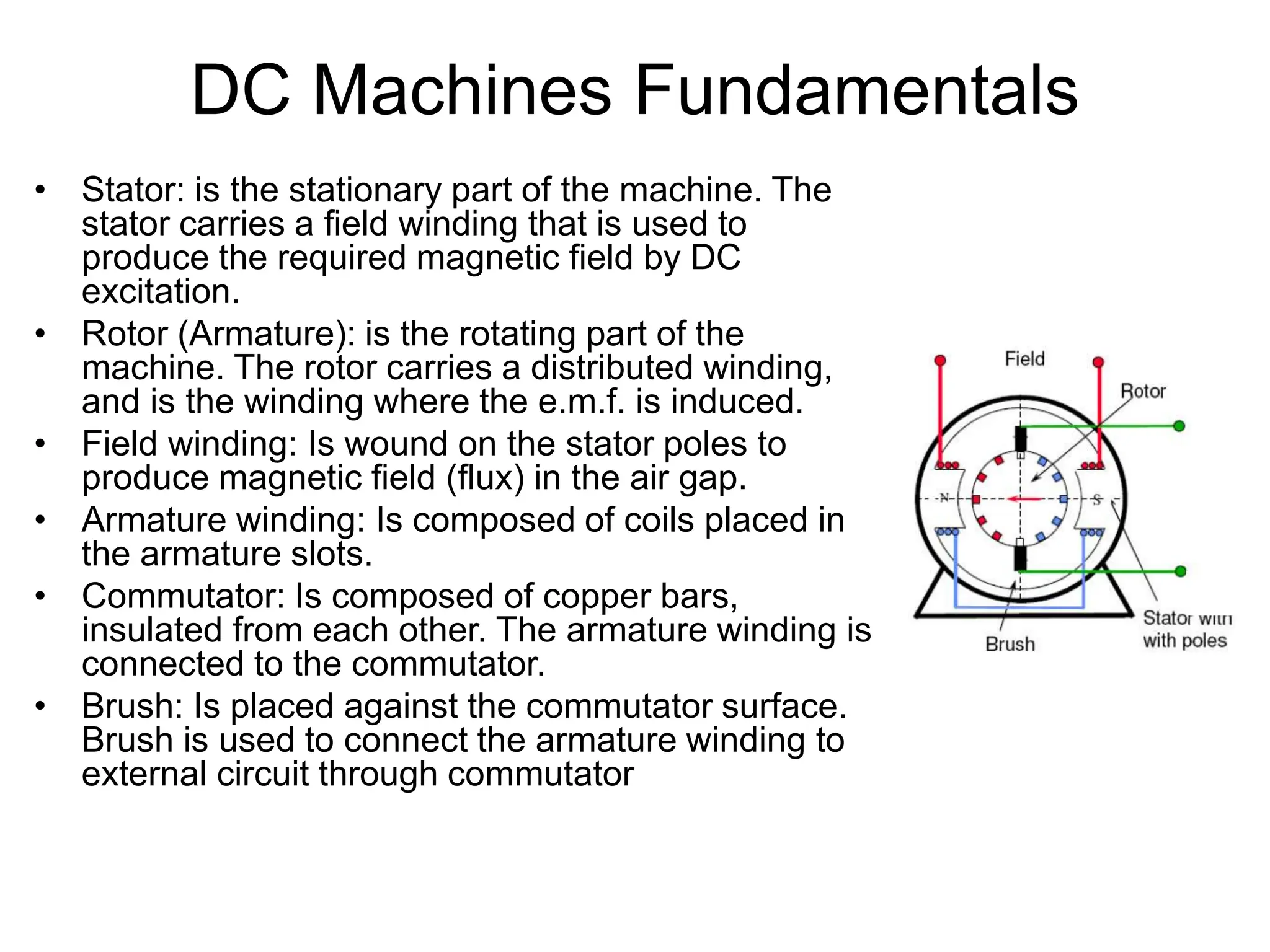 DC Machines Fundamentals
• Stator: is the stationary part of the machine. The
stator carries a field winding that is used to
produce the required magnetic field by DC
excitation.
• Rotor (Armature): is the rotating part of the
machine. The rotor carries a distributed winding,
and is the winding where the e.m.f. is induced.
• Field winding: Is wound on the stator poles to
produce magnetic field (flux) in the air gap.
• Armature winding: Is composed of coils placed in
the armature slots.
• Commutator: Is composed of copper bars,
insulated from each other. The armature winding is
connected to the commutator.
• Brush: Is placed against the commutator surface.
Brush is used to connect the armature winding to
external circuit through commutator
 