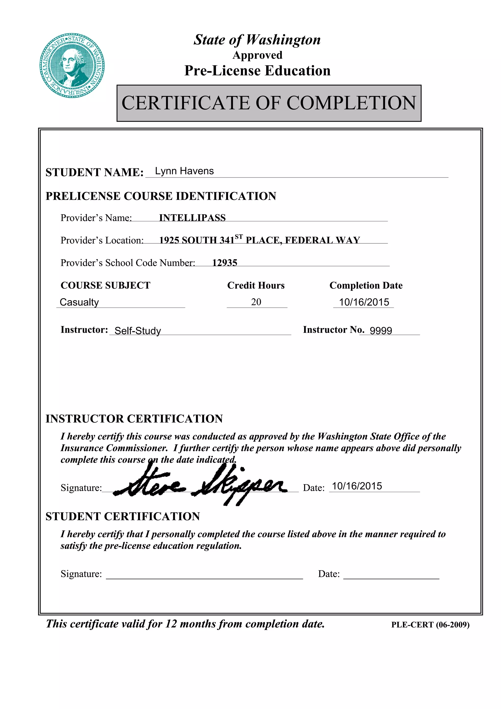 Pre License Certificate of Completion Casualty PDF
