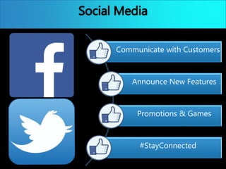 Social Media
Communicate with Customers
Announce New Features
Promotions & Games
#StayConnected
 