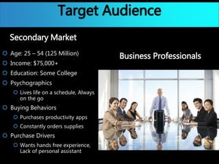 Secondary Market
 Age: 25 – 54 (125 Million)
 Income: $75,000+
 Education: Some College
 Psychographics
 Lives life on a schedule, Always
on the go
 Buying Behaviors
 Purchases productivity apps
 Constantly orders supplies
 Purchase Drivers
 Wants hands free experience,
Lack of personal assistant
Business Professionals
Target Audience
 