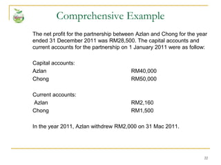 22
Comprehensive Example
The net profit for the partnership between Azlan and Chong for the year
ended 31 December 2011 was RM28,500. The capital accounts and
current accounts for the partnership on 1 January 2011 were as follow:
Capital accounts:
Azlan RM40,000
Chong RM50,000
Current accounts:
Azlan RM2,160
Chong RM1,500
In the year 2011, Azlan withdrew RM2,000 on 31 Mac 2011.
 